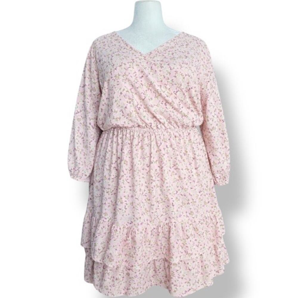 Love Ady Pink Floral Faux Wrap Tiered Midi Dress XL Romantic Feminine Cottage